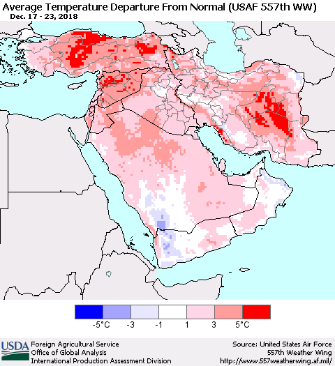 Middle East and Turkey Average Temperature Departure from Normal (USAF 557th WW) Thematic Map For 12/17/2018 - 12/23/2018