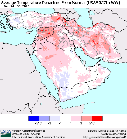 Middle East and Turkey Average Temperature Departure from Normal (USAF 557th WW) Thematic Map For 12/24/2018 - 12/30/2018