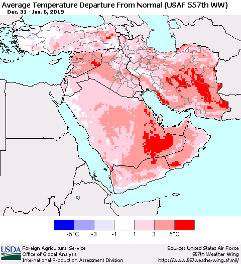 Middle East and Turkey Average Temperature Departure from Normal (USAF 557th WW) Thematic Map For 12/31/2018 - 1/6/2019