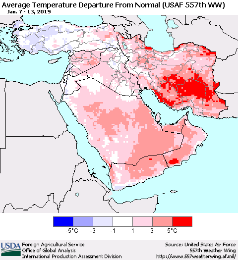 Middle East and Turkey Average Temperature Departure from Normal (USAF 557th WW) Thematic Map For 1/7/2019 - 1/13/2019