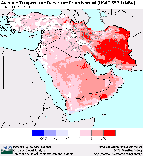 Middle East and Turkey Average Temperature Departure from Normal (USAF 557th WW) Thematic Map For 1/14/2019 - 1/20/2019
