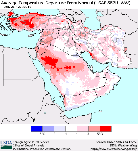 Middle East and Turkey Average Temperature Departure from Normal (USAF 557th WW) Thematic Map For 1/21/2019 - 1/27/2019