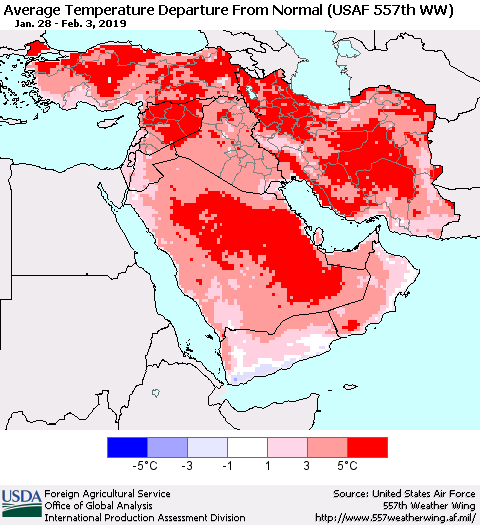 Middle East and Turkey Average Temperature Departure from Normal (USAF 557th WW) Thematic Map For 1/28/2019 - 2/3/2019