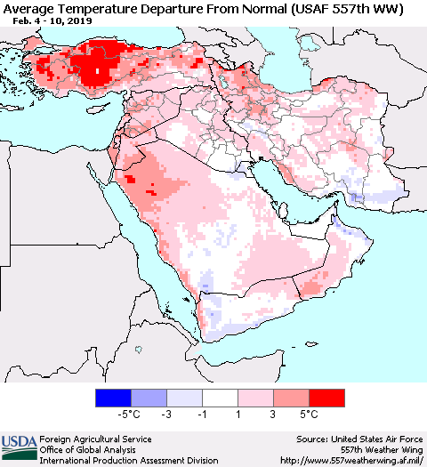 Middle East and Turkey Average Temperature Departure from Normal (USAF 557th WW) Thematic Map For 2/4/2019 - 2/10/2019