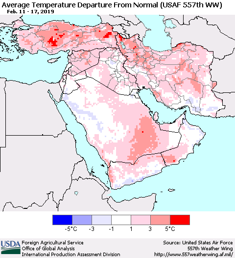 Middle East and Turkey Average Temperature Departure from Normal (USAF 557th WW) Thematic Map For 2/11/2019 - 2/17/2019