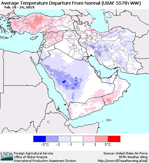 Middle East and Turkey Average Temperature Departure from Normal (USAF 557th WW) Thematic Map For 2/18/2019 - 2/24/2019