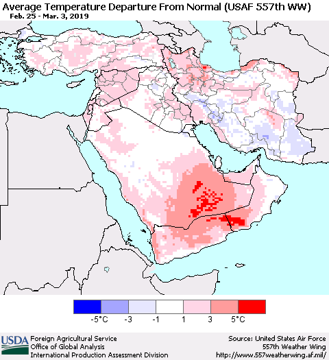 Middle East and Turkey Average Temperature Departure from Normal (USAF 557th WW) Thematic Map For 2/25/2019 - 3/3/2019