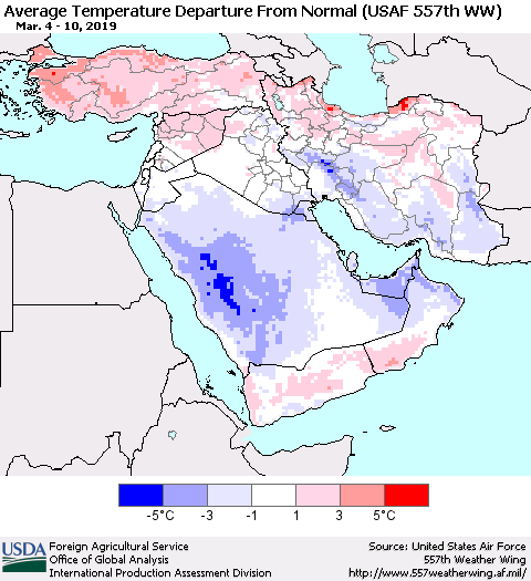Middle East and Turkey Average Temperature Departure from Normal (USAF 557th WW) Thematic Map For 3/4/2019 - 3/10/2019
