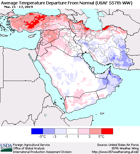Middle East and Turkey Average Temperature Departure from Normal (USAF 557th WW) Thematic Map For 3/11/2019 - 3/17/2019