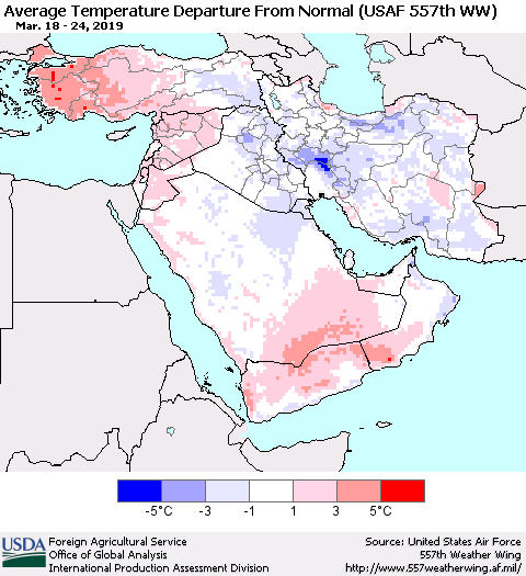 Middle East and Turkey Average Temperature Departure from Normal (USAF 557th WW) Thematic Map For 3/18/2019 - 3/24/2019