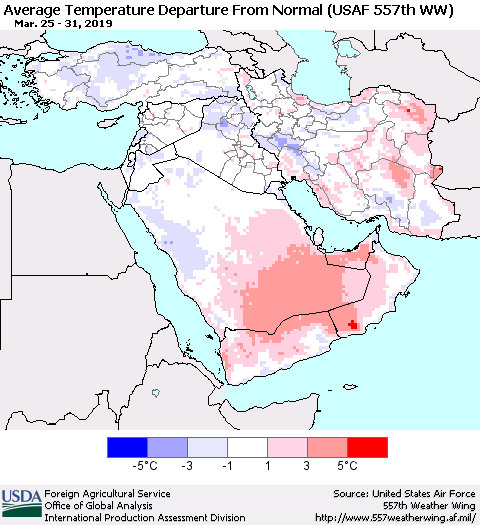 Middle East and Turkey Average Temperature Departure from Normal (USAF 557th WW) Thematic Map For 3/25/2019 - 3/31/2019