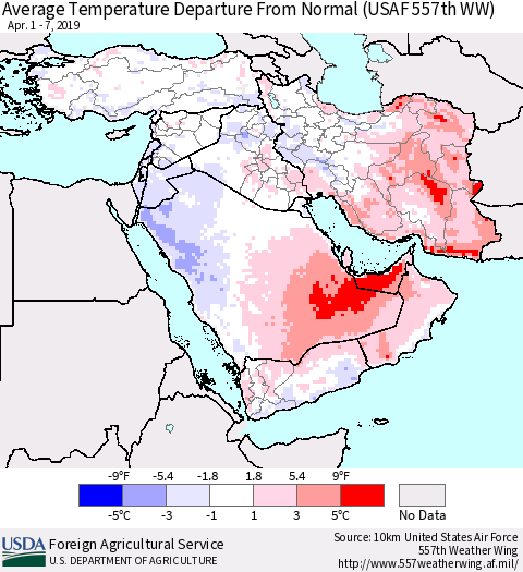 Middle East and Turkey Average Temperature Departure from Normal (USAF 557th WW) Thematic Map For 4/1/2019 - 4/7/2019