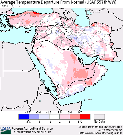 Middle East and Turkey Average Temperature Departure from Normal (USAF 557th WW) Thematic Map For 4/8/2019 - 4/14/2019