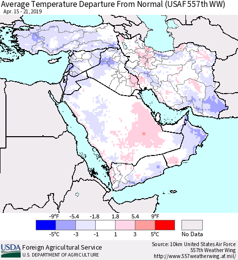 Middle East and Turkey Average Temperature Departure from Normal (USAF 557th WW) Thematic Map For 4/15/2019 - 4/21/2019