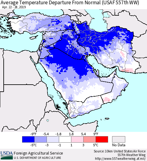 Middle East and Turkey Average Temperature Departure from Normal (USAF 557th WW) Thematic Map For 4/22/2019 - 4/28/2019