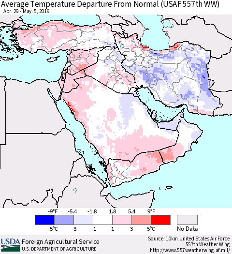 Middle East and Turkey Average Temperature Departure from Normal (USAF 557th WW) Thematic Map For 4/29/2019 - 5/5/2019