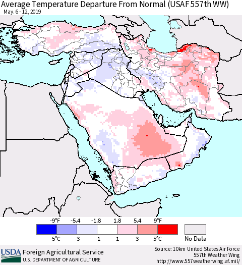Middle East and Turkey Average Temperature Departure from Normal (USAF 557th WW) Thematic Map For 5/6/2019 - 5/12/2019