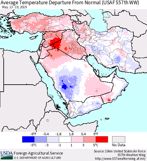 Middle East and Turkey Average Temperature Departure from Normal (USAF 557th WW) Thematic Map For 5/13/2019 - 5/19/2019