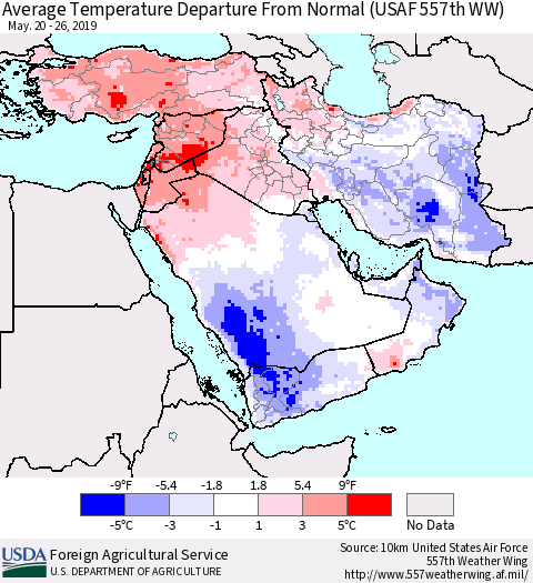 Middle East and Turkey Average Temperature Departure from Normal (USAF 557th WW) Thematic Map For 5/20/2019 - 5/26/2019