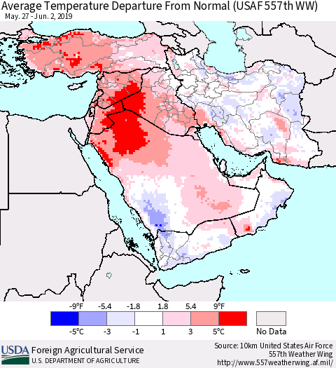 Middle East and Turkey Average Temperature Departure from Normal (USAF 557th WW) Thematic Map For 5/27/2019 - 6/2/2019