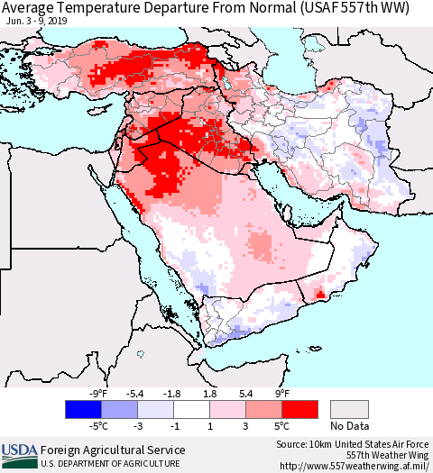 Middle East and Turkey Average Temperature Departure from Normal (USAF 557th WW) Thematic Map For 6/3/2019 - 6/9/2019