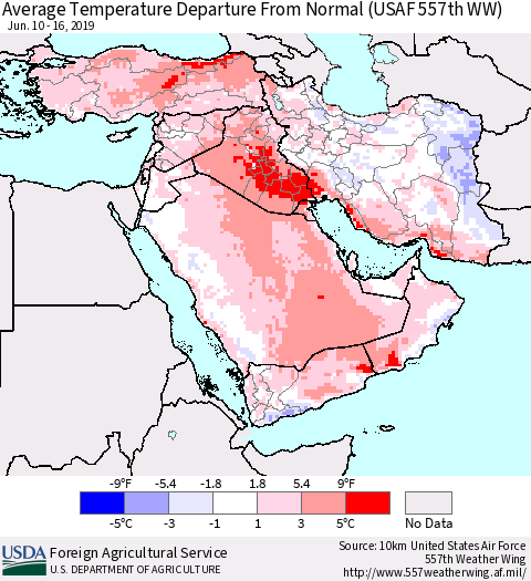 Middle East and Turkey Average Temperature Departure from Normal (USAF 557th WW) Thematic Map For 6/10/2019 - 6/16/2019