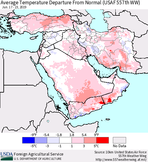 Middle East and Turkey Average Temperature Departure from Normal (USAF 557th WW) Thematic Map For 6/17/2019 - 6/23/2019