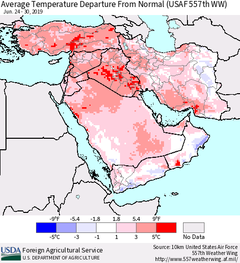 Middle East and Turkey Average Temperature Departure from Normal (USAF 557th WW) Thematic Map For 6/24/2019 - 6/30/2019