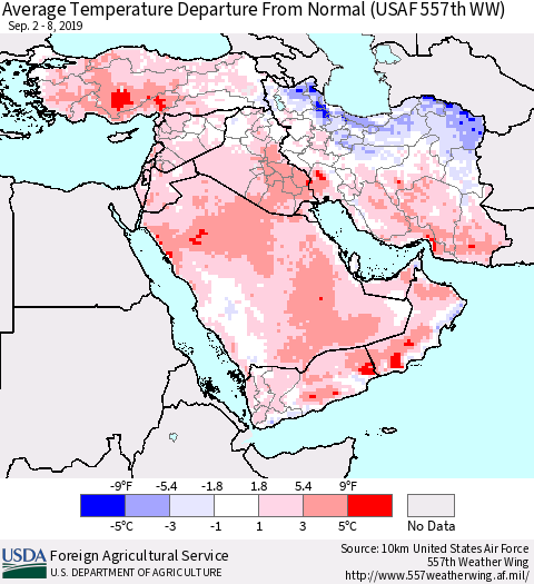 Middle East and Turkey Average Temperature Departure from Normal (USAF 557th WW) Thematic Map For 9/2/2019 - 9/8/2019
