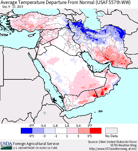 Middle East and Turkey Average Temperature Departure from Normal (USAF 557th WW) Thematic Map For 9/9/2019 - 9/15/2019