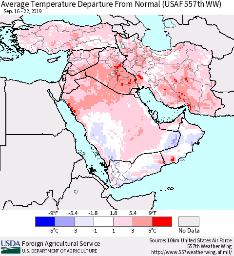 Middle East and Turkey Average Temperature Departure from Normal (USAF 557th WW) Thematic Map For 9/16/2019 - 9/22/2019