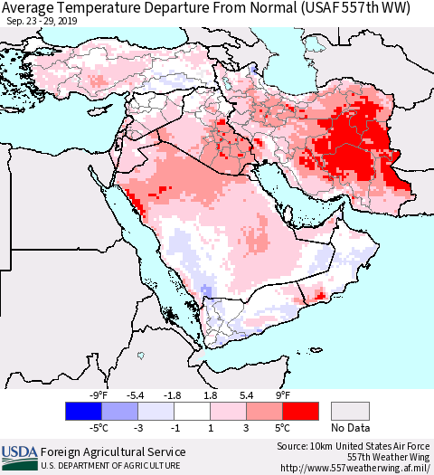Middle East and Turkey Average Temperature Departure from Normal (USAF 557th WW) Thematic Map For 9/23/2019 - 9/29/2019