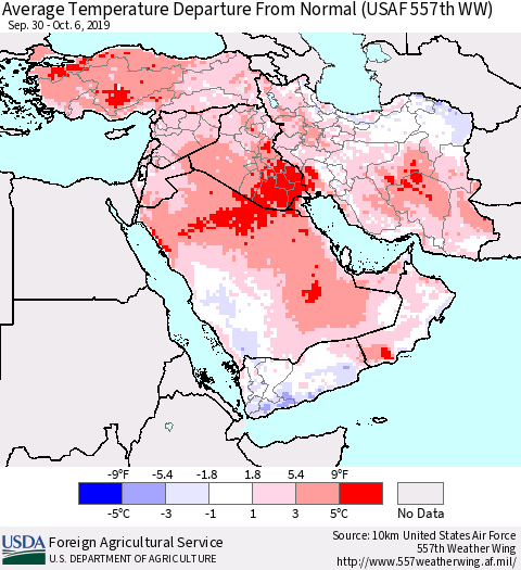 Middle East and Turkey Average Temperature Departure from Normal (USAF 557th WW) Thematic Map For 9/30/2019 - 10/6/2019
