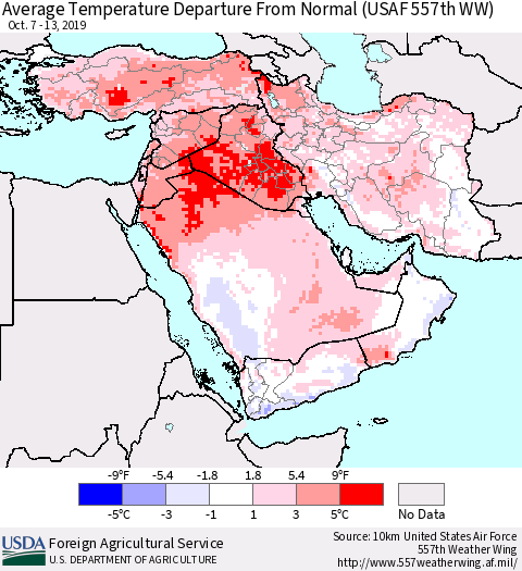 Middle East and Turkey Average Temperature Departure from Normal (USAF 557th WW) Thematic Map For 10/7/2019 - 10/13/2019