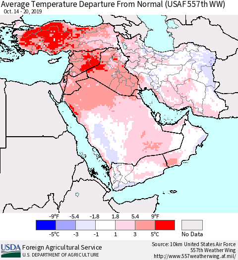Middle East and Turkey Average Temperature Departure from Normal (USAF 557th WW) Thematic Map For 10/14/2019 - 10/20/2019