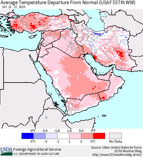 Middle East and Turkey Average Temperature Departure from Normal (USAF 557th WW) Thematic Map For 10/21/2019 - 10/27/2019