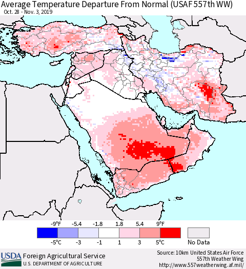 Middle East and Turkey Average Temperature Departure from Normal (USAF 557th WW) Thematic Map For 10/28/2019 - 11/3/2019