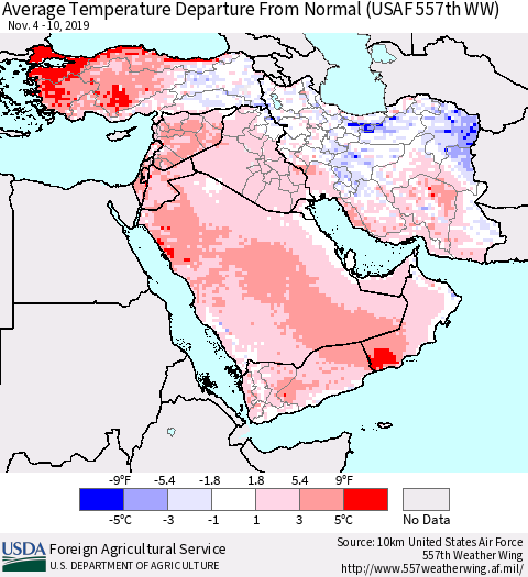 Middle East and Turkey Average Temperature Departure from Normal (USAF 557th WW) Thematic Map For 11/4/2019 - 11/10/2019