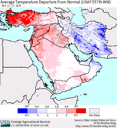 Middle East and Turkey Average Temperature Departure from Normal (USAF 557th WW) Thematic Map For 11/11/2019 - 11/17/2019
