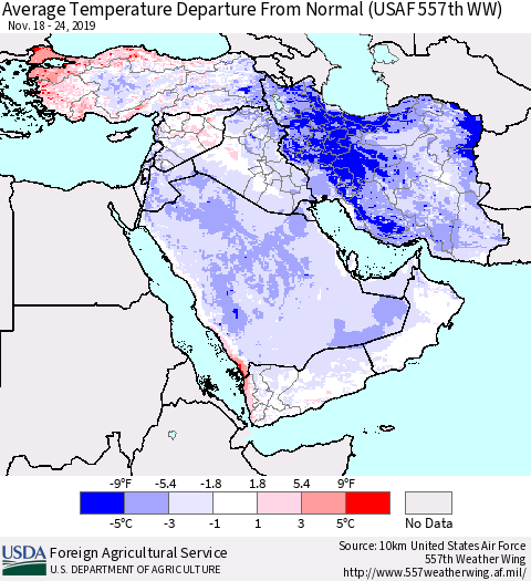 Middle East and Turkey Average Temperature Departure from Normal (USAF 557th WW) Thematic Map For 11/18/2019 - 11/24/2019