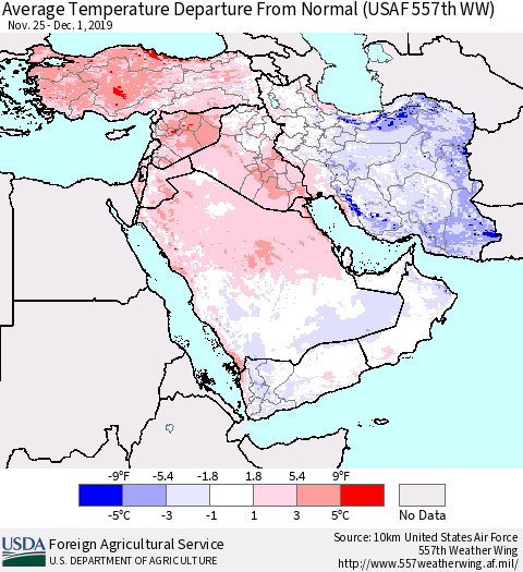 Middle East and Turkey Average Temperature Departure from Normal (USAF 557th WW) Thematic Map For 11/25/2019 - 12/1/2019
