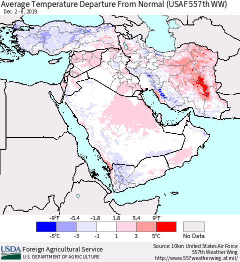 Middle East and Turkey Average Temperature Departure from Normal (USAF 557th WW) Thematic Map For 12/2/2019 - 12/8/2019