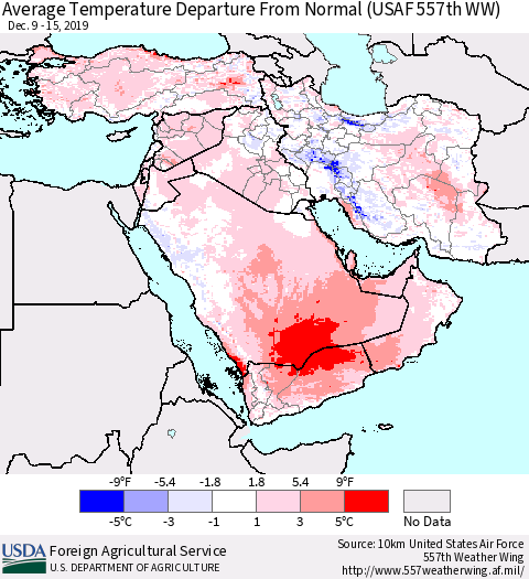 Middle East and Turkey Average Temperature Departure from Normal (USAF 557th WW) Thematic Map For 12/9/2019 - 12/15/2019
