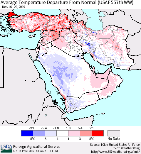 Middle East and Turkey Average Temperature Departure from Normal (USAF 557th WW) Thematic Map For 12/16/2019 - 12/22/2019