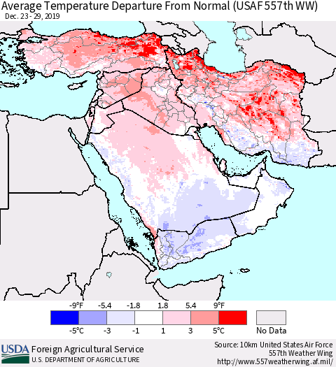 Middle East and Turkey Average Temperature Departure from Normal (USAF 557th WW) Thematic Map For 12/23/2019 - 12/29/2019