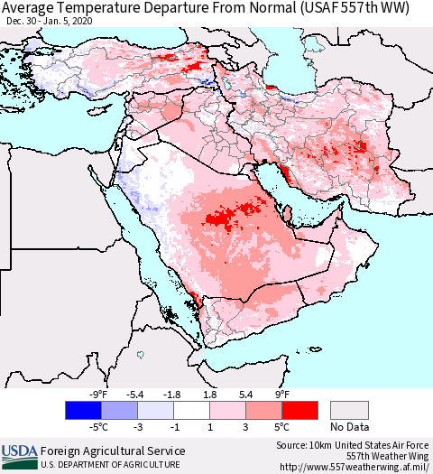 Middle East and Turkey Average Temperature Departure from Normal (USAF 557th WW) Thematic Map For 12/30/2019 - 1/5/2020