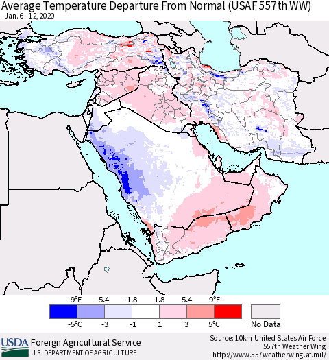 Middle East and Turkey Average Temperature Departure from Normal (USAF 557th WW) Thematic Map For 1/6/2020 - 1/12/2020