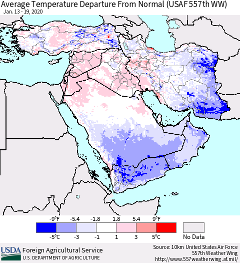 Middle East and Turkey Average Temperature Departure from Normal (USAF 557th WW) Thematic Map For 1/13/2020 - 1/19/2020