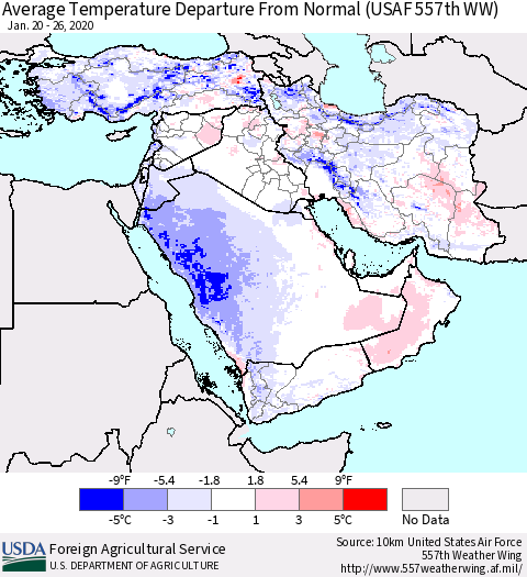 Middle East and Turkey Average Temperature Departure from Normal (USAF 557th WW) Thematic Map For 1/20/2020 - 1/26/2020