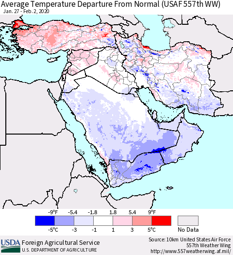 Middle East and Turkey Average Temperature Departure from Normal (USAF 557th WW) Thematic Map For 1/27/2020 - 2/2/2020